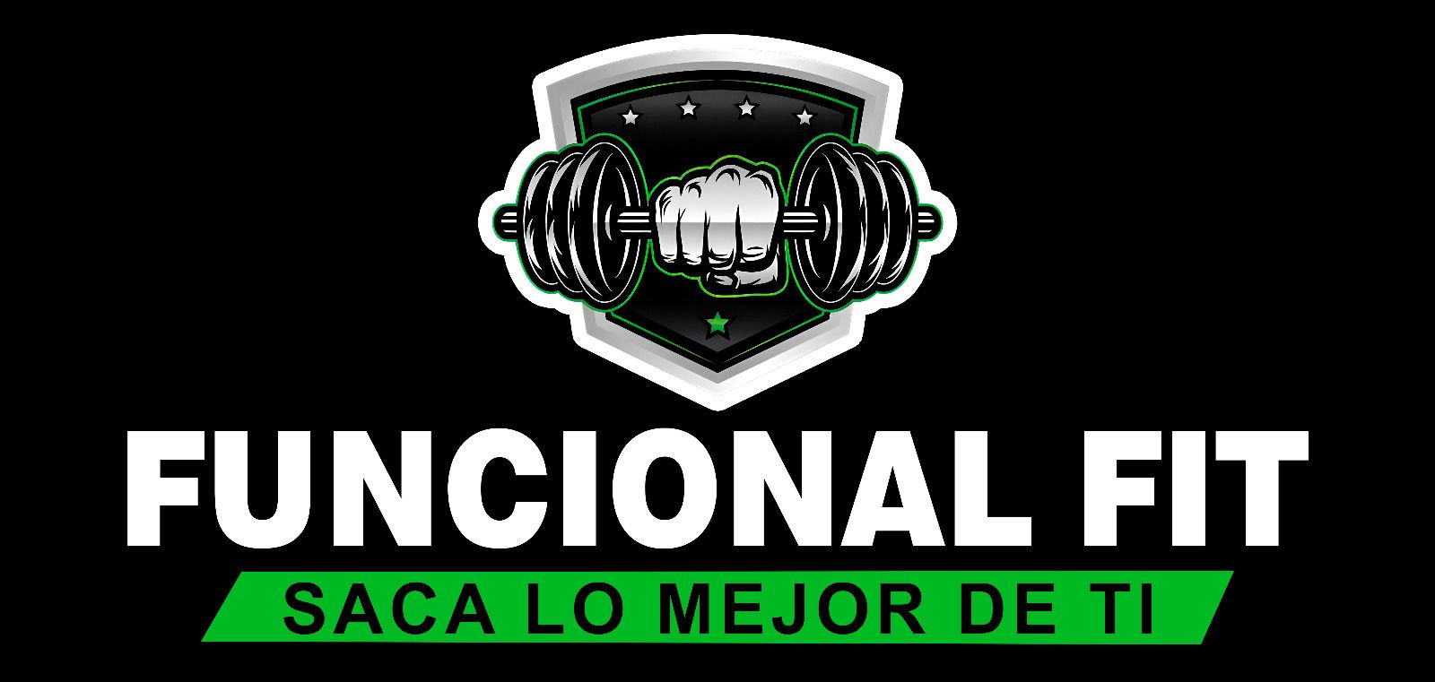 Escudo oficial de FUNCIONAL FIT: puño con mancuerna, estrellas y lema Saca lo mejor de ti